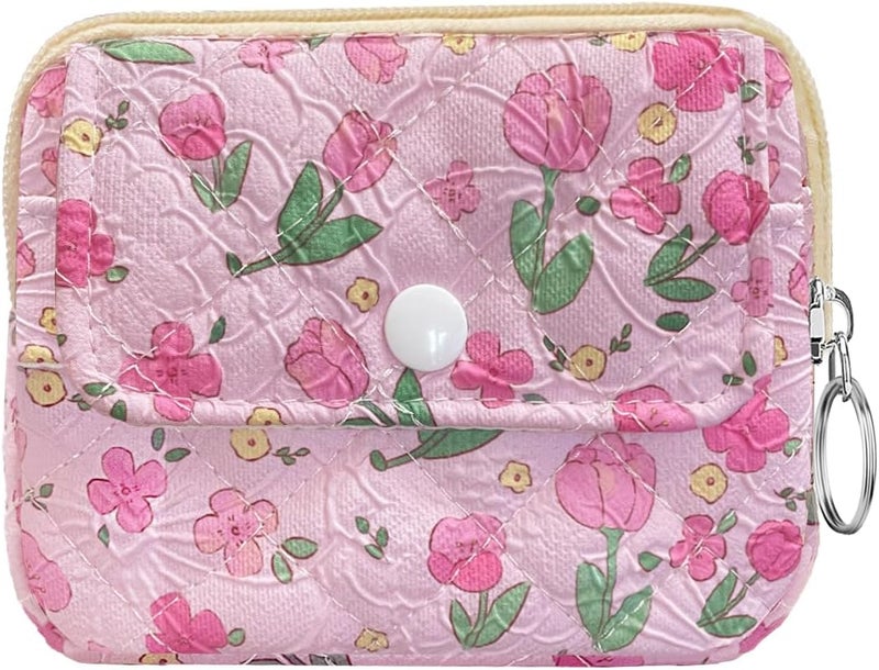 Modacarry Store Cotton Quilted Floral Coin Pouch with Cute Prints Zipper for Women Girls (PINK TULIP) - Image 1